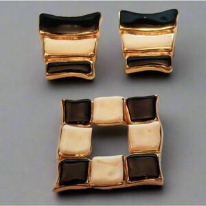 Vintage Enamel 3 Pcs Brooch and Earrings Set